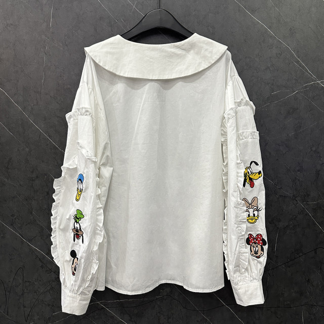 2025 spring new cartoon design doll collar long sleeve white shirt for women loose casual and versatile age-reducing shirt