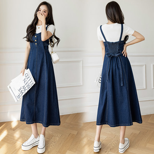 2025 mid-length skirt new style plus size versatile loose waist-hugging long skirt denim suspender A-line dress trendy
