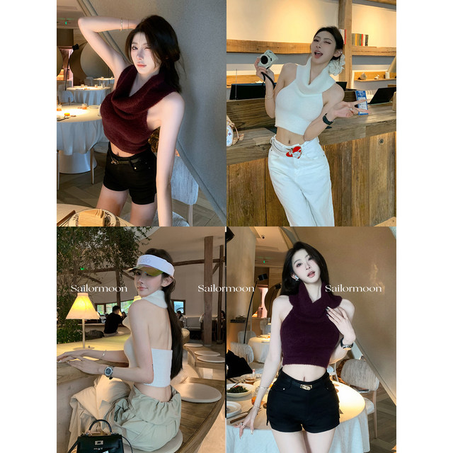 F PROJECT stacked collar and shoulder-dewed sleeveless knitted vest for women spring and summer short top
