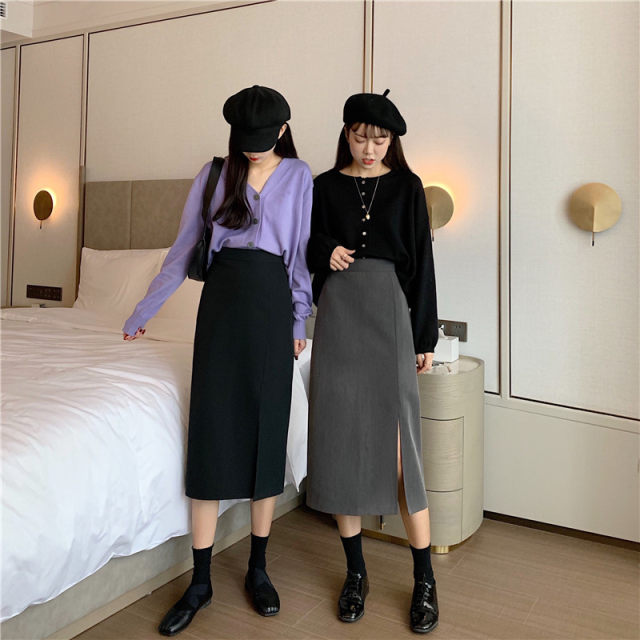 Large size women's high waist irregular skirt with slit mid-length skirt for women in autumn and winter fat mm versatile slimming one-step skirt