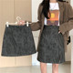 Large size retro PU leather skirt leopard print short skirt for women in autumn and winter high waist A-line skirt mid-length slit hip-pack skirt
