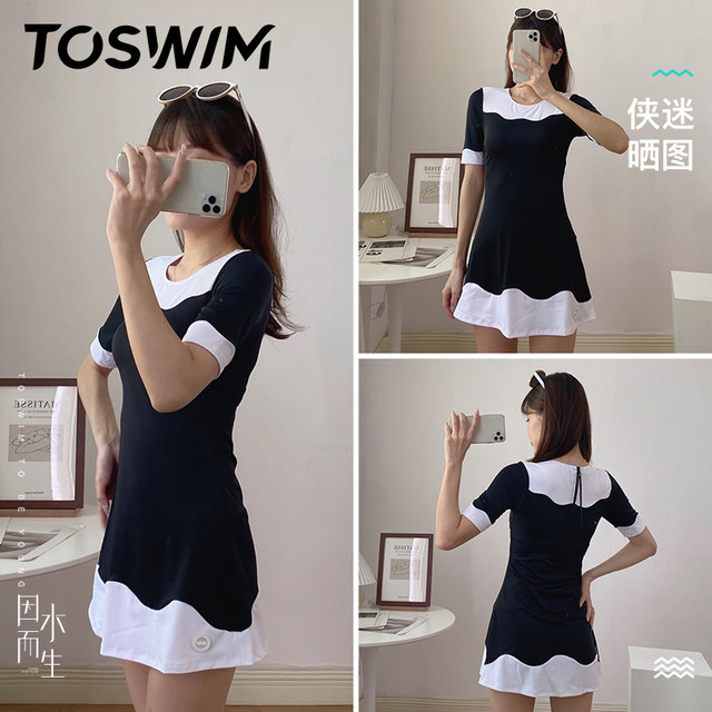 TOSWIM skirt swimsuit one-piece swimsuit women's black and white color short-sleeved conservative sun protection swimsuit new seaside