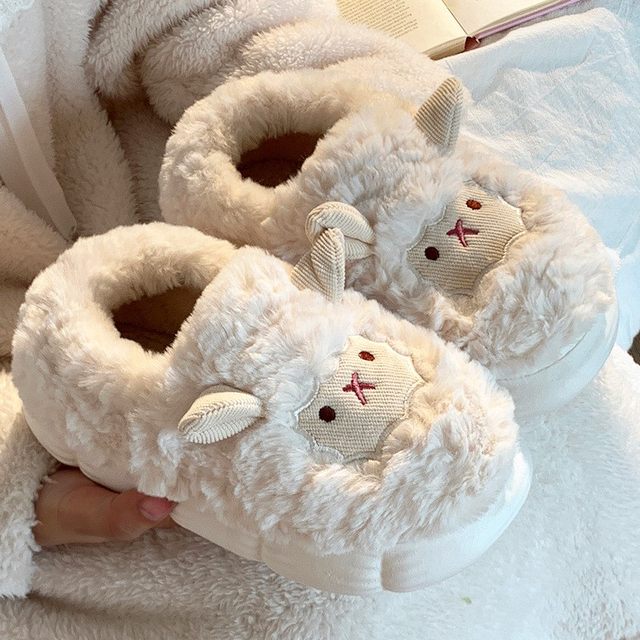 Cute lamb cotton slippers women's bag heel winter indoor home thick-soled non-slip confinement shoes plus velvet warm wool slippers