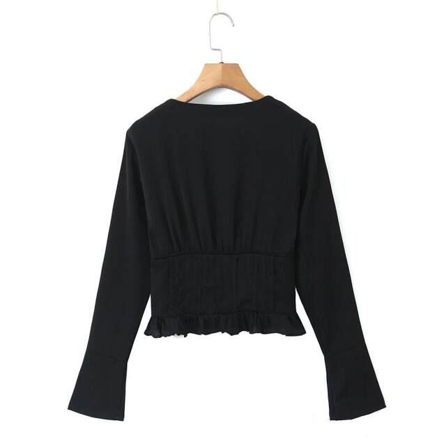 Ins blogger style black waisted flared sleeves V-neck shirt short French hot girl niche base shirt