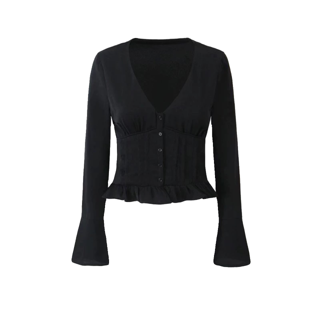 Ins blogger style black waisted flared sleeves V-neck shirt short French hot girl niche base shirt