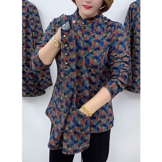 New autumn and winter half-high collar thickened warm shirt casual long-sleeved loose all-in-one velvet bottoming shirt for middle-aged and elderly girls