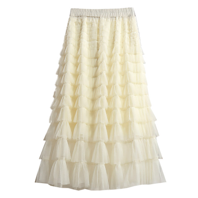Summer new high -waisted apricot layer mesh cake skirt skirt skirt women's small sloping skirt skirt in the skirt
