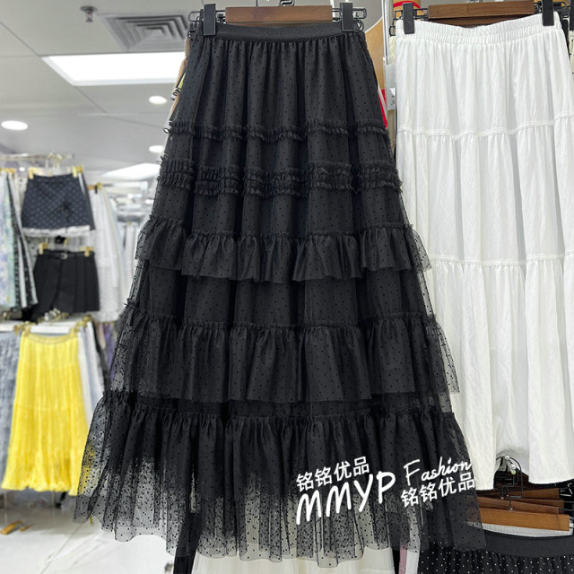 French retro polka dot mesh skirt for women in spring and summer 2025 new elastic waist slimming layered cake skirt long skirt