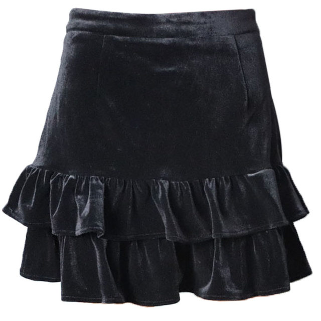 Temperament simple golden velvet skirt for women in spring and summer versatile ruffle hem high waist temperament hip-cover short skirt a-shaped
