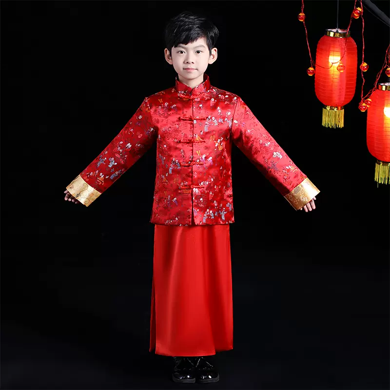 儿童唐装冬季中国风秋女童男童秀禾服中式花童礼服红色拜年