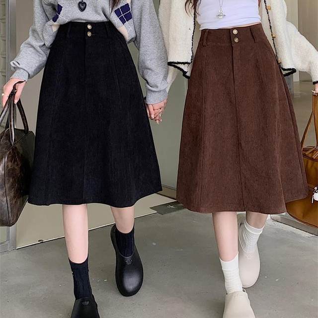 Large -size coffee color core velvet skirt female autumn and winter high waist cover half skirt mid -length thin A -line large wave skirt
