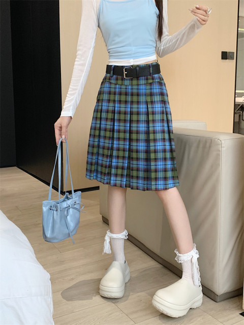 American retro college style Scottish plaid pleated skirt women's mid-length summer A-line short skirt plaid skirt