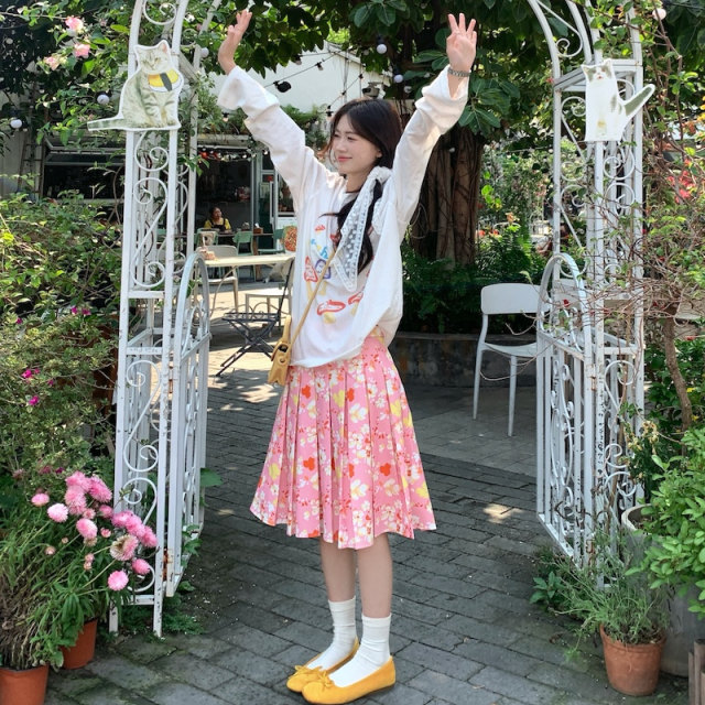 American retro pink floral skirt for women 2025 summer new high-waisted A-line skirt slim pleated skirt mid-skirt