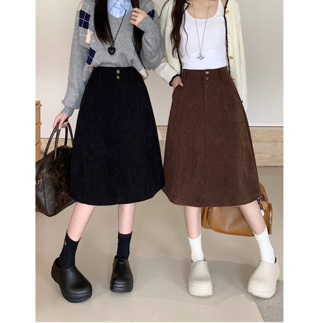 Large -size coffee color core velvet skirt female autumn and winter high waist cover half skirt mid -length thin A -line large wave skirt