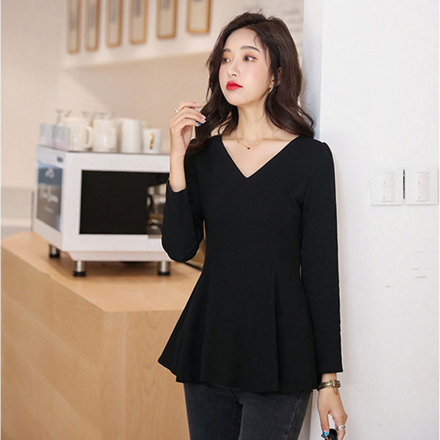 Waist lotus leaf skirt Slow -sleeved T -shirt Women's thin solid color ...