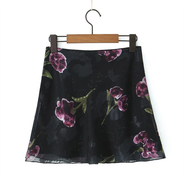 American retro flower printed mesh skirt for women short sexy high waist cover hips and slim A-line skirt short skirt