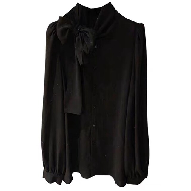 2025 spring new style retro stand collar bow black chiffon shirt women's long sleeve drooping temperament base top