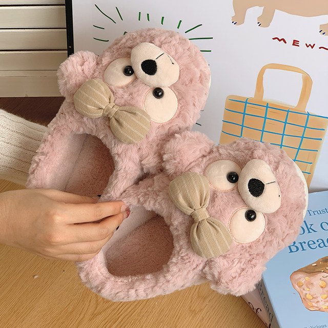 Cute bear cotton slippers for women winter outer wear 2024 new non-slip thick bottom home bag with warm cotton shoes swing