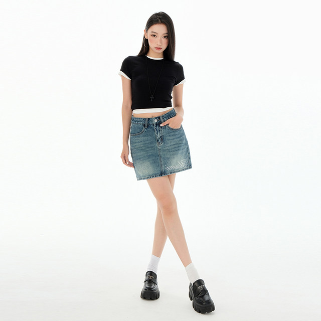 Denim short skirt for women 2025 summer new large size high waist A-line slim and fat mm loose skirt for old washing