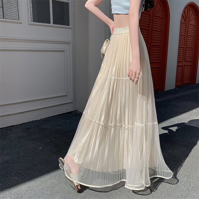 Mesh long skirt tall skirt for women in spring and summer 2025 super hot droop elastic waist A-line pleated skirt long style