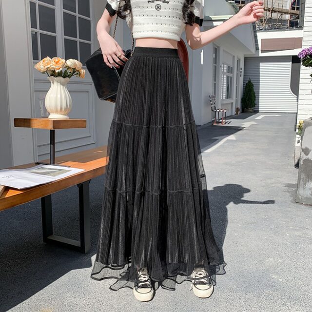 Mesh long skirt tall skirt for women in spring and summer 2025 super hot droop elastic waist A-line pleated skirt long style