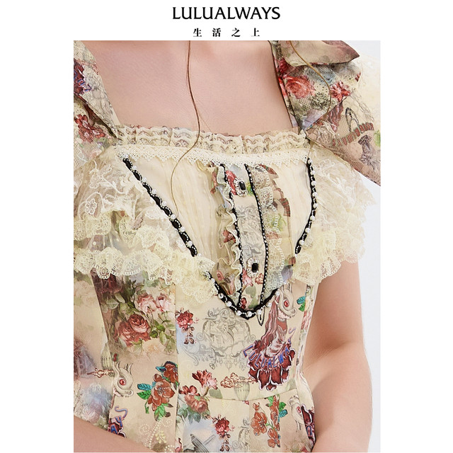 
LULUALWAYS I Love Lulu 25 Fall New Lolita Sweet Retro Gorgeous Square Neck Lace Dress