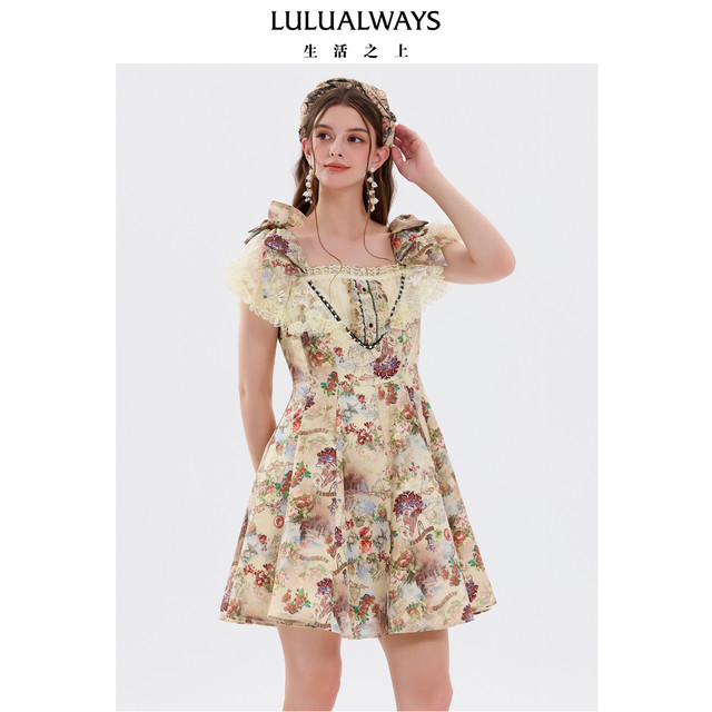 
LULUALWAYS I Love Lulu 25 Fall New Lolita Sweet Retro Gorgeous Square Neck Lace Dress