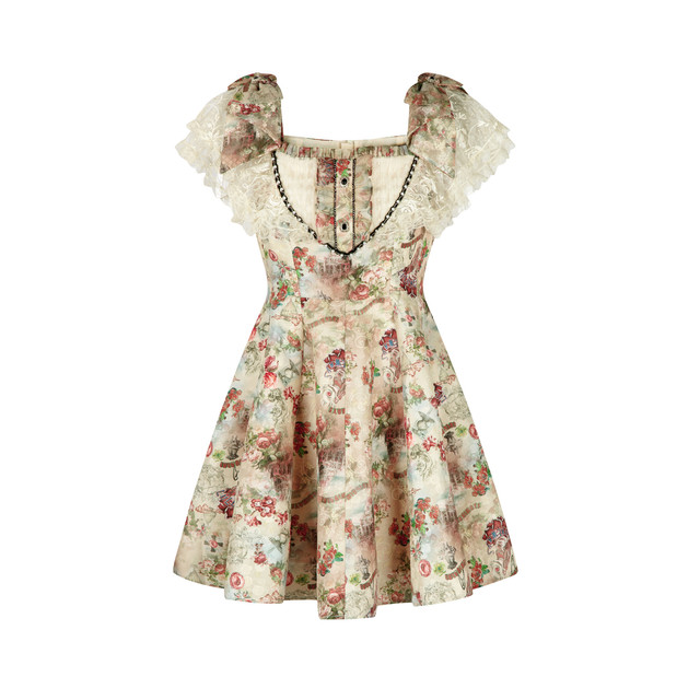 
LULUALWAYS I Love Lulu 25 Fall New Lolita Sweet Retro Gorgeous Square Neck Lace Dress