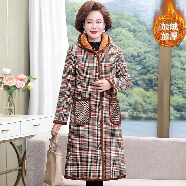 Qiansilu middle-aged and elderly women's cotton-padded coat, medium-length mother's cotton-padded coat, hooded, velvet and thickened winter coat for the elderly