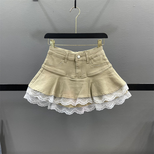 Sweet lace lace denim skirt women 2025 summer small high-waisted hot girl A-line fluffy cake skirt