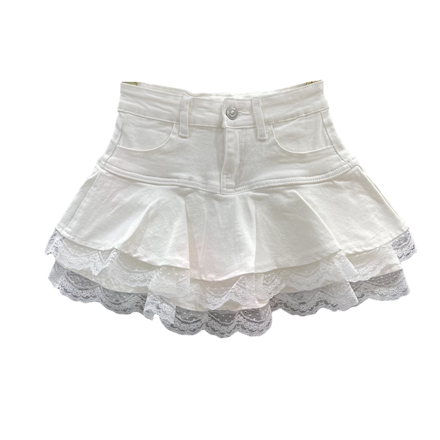 Sweet lace lace denim skirt women 2025 summer small high-waisted hot girl A-line fluffy cake skirt