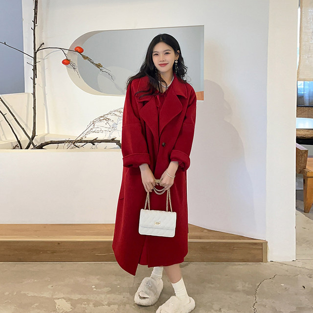 Double-sided wool red coat coat for women autumn and winter high-end wool coat coat cape wedding bride large size mm