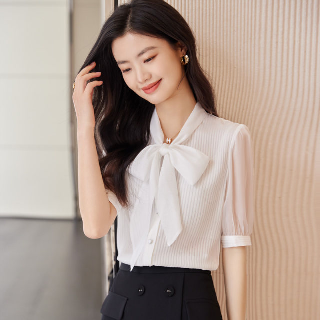 New spring and summer short-sleeved shirt for women beige lady slim mid-sleeved streamer bow neck OL fashionable shirt formal wear
