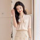 New spring and summer short-sleeved shirt for women beige lady slim mid-sleeved streamer bow neck OL fashionable shirt formal wear
