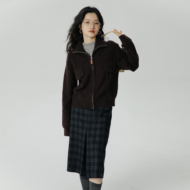 omont egg tart home lapel short sweater women's autumn and winter 2023 new zipper lazy style wool cardigan jacket