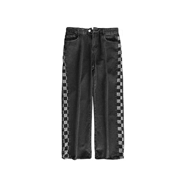 High-end side-stitched straight-leg American high-street jeans for men with trendy design trendy brand BF straight-leg plaid wide-leg pants