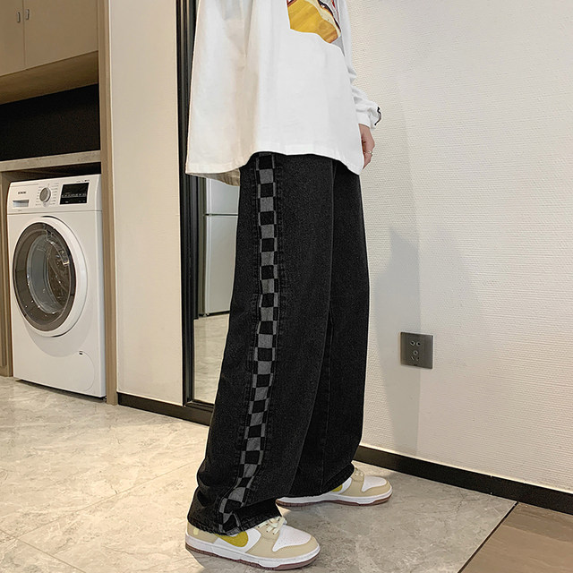 High-end side-stitched straight-leg American high-street jeans for men with trendy design trendy brand BF straight-leg plaid wide-leg pants