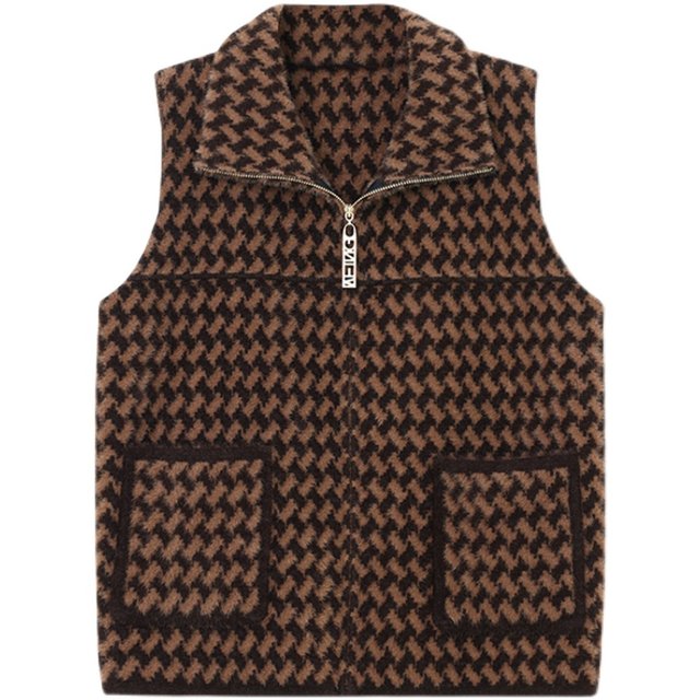 Middle-aged and elderly women's clothing, spring and autumn clothes, mink vest, fashionable vest jacket, elderly people's plaid short vest horse clip