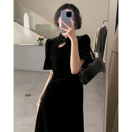 Retro New Chinese Superior Improved Cheongsam Black Velvet Dress Summer Short Sleeves Skirt New 2023