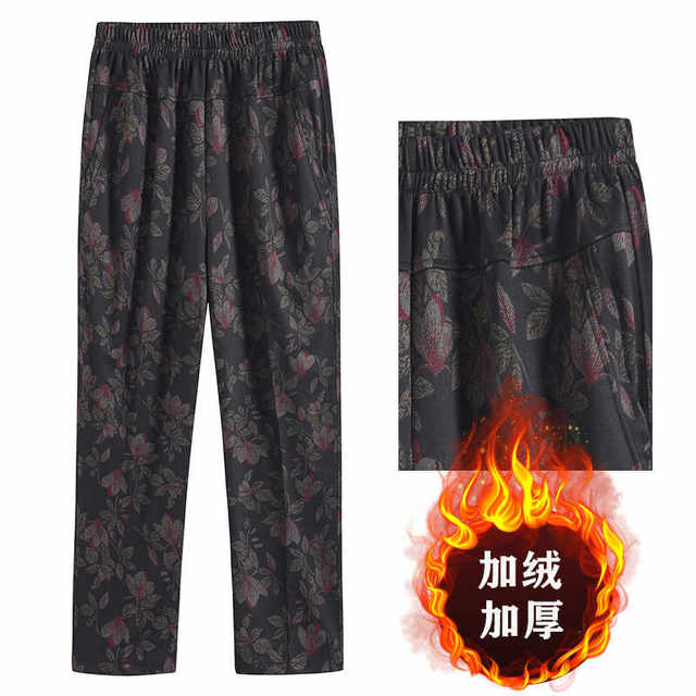 Middle-aged and elderly women's pants in autumn and winter plus velvet thickened mother's flower pants large size loose grandma trousers wearing straight pants outside