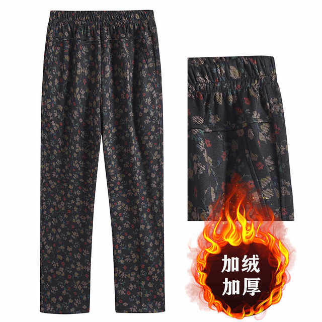Middle-aged and elderly women's pants in autumn and winter plus velvet thickened mother's flower pants large size loose grandma trousers wearing straight pants outside