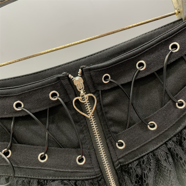 Lace spliced ​​cake skirt for women 2025 summer new design strap zipper a line puff short skirt