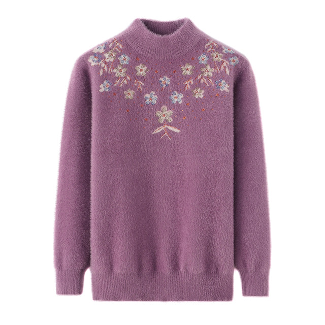 Winter middle-aged and elderly women's clothing for extra large size half-high neck thickened sweater mother's clothing solid color loose imitation mink base shirt