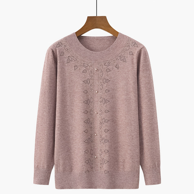 Mom's autumn new solid color large size knitted top middle-aged and elderly women's fashionable round neck diamond-set sweater
