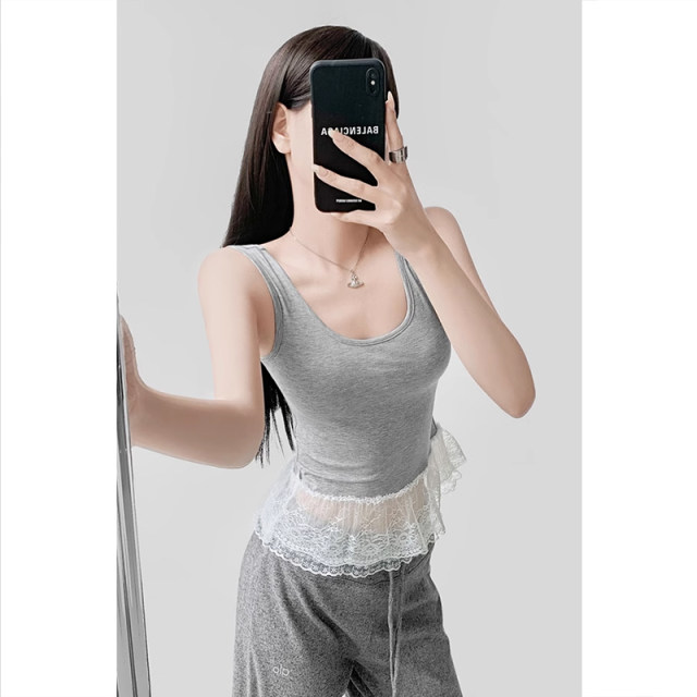 Gray I-font sleeveless vest for women 2025 summer new lace design short slim body ins