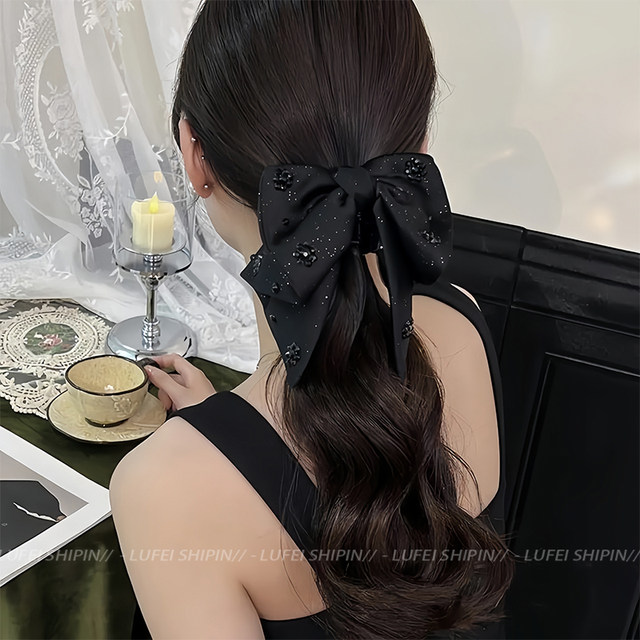 Black Hepburn style bow grab clip female high-end sense back head hair shark clip temperament elegant hair clip headdress