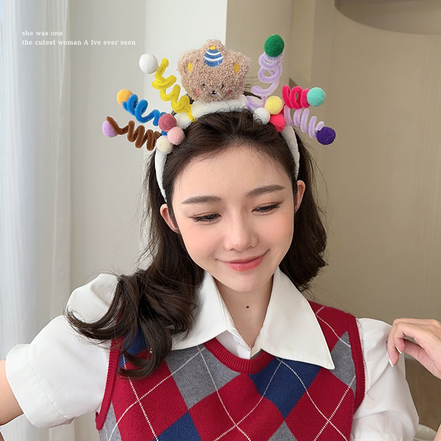 Funny bear headband cute twist stick birthday children plush face washing headband women 2025 new hairpin headband