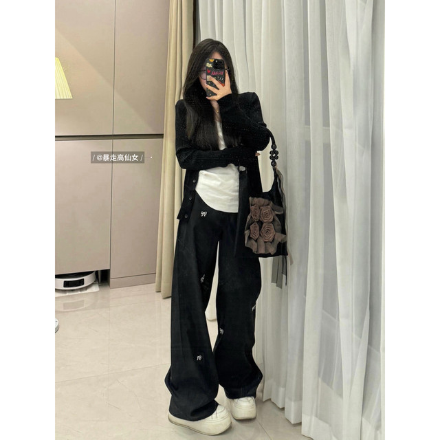 Tall 175 American hot girl butterfly embroidery spring extended floor mopping 180 casual wide-leg work pants for women