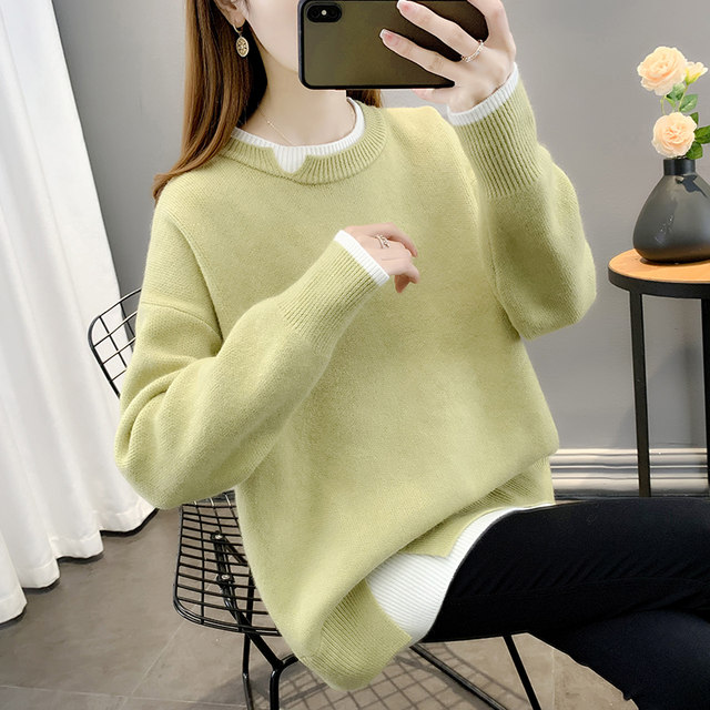 Mid-length sweater for women autumn and winter outer wear 2024 new loose lazy style fake two-piece sweater with velvet and thickening