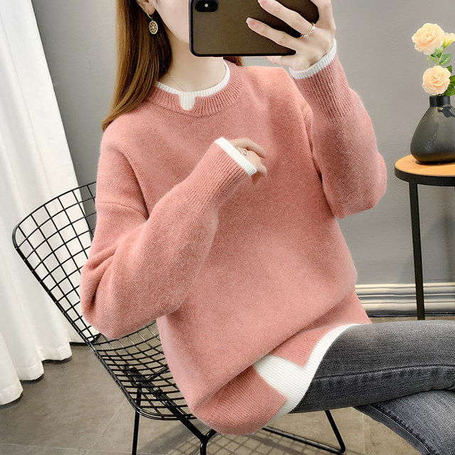 Mid-length sweater for women autumn and winter outer wear 2024 new loose lazy style fake two-piece sweater with velvet and thickening